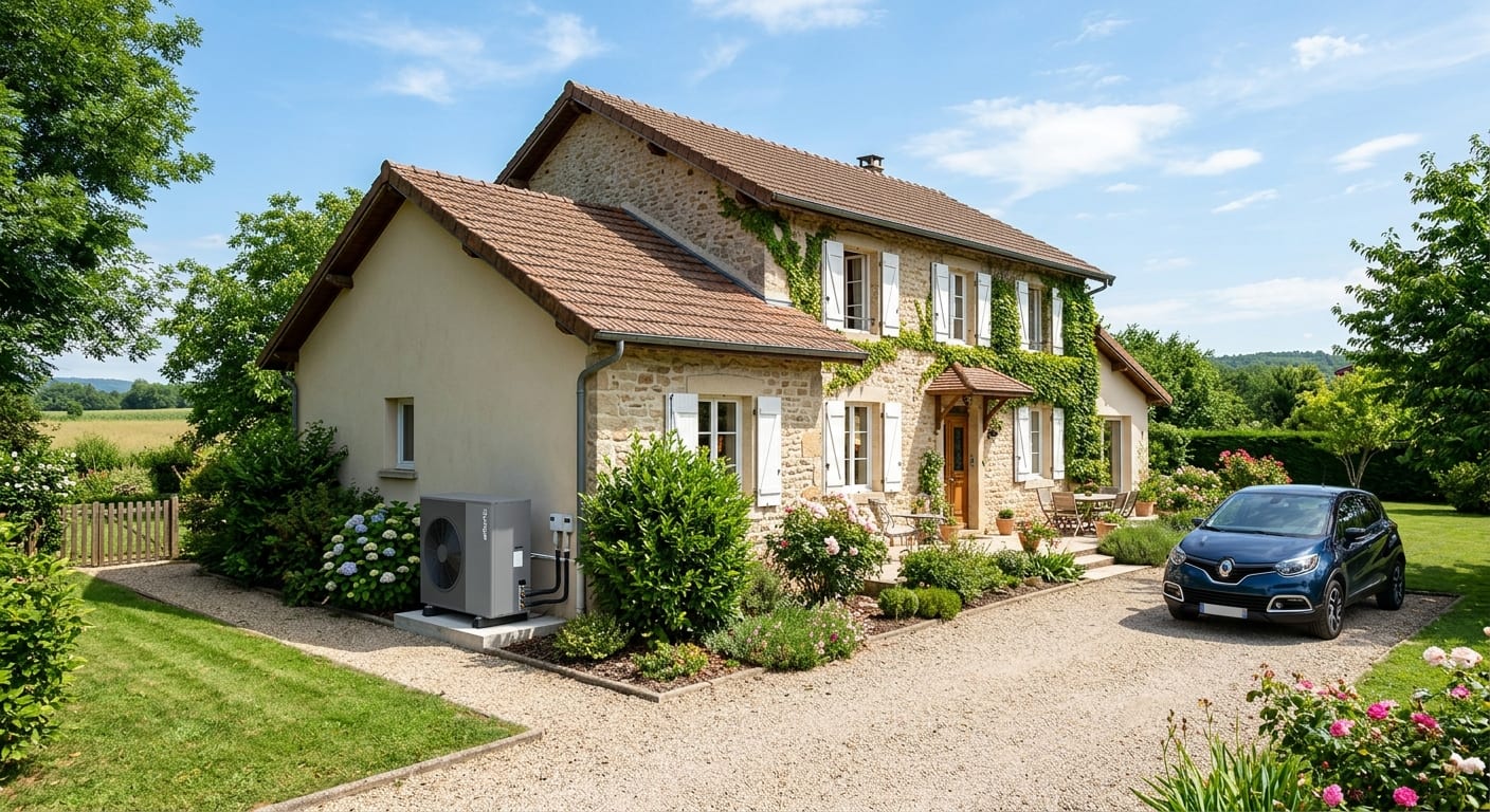 Maison individuelle soignée avec pompe à chaleur air eau installée discrètement en extérieur sous un ciel lumineux